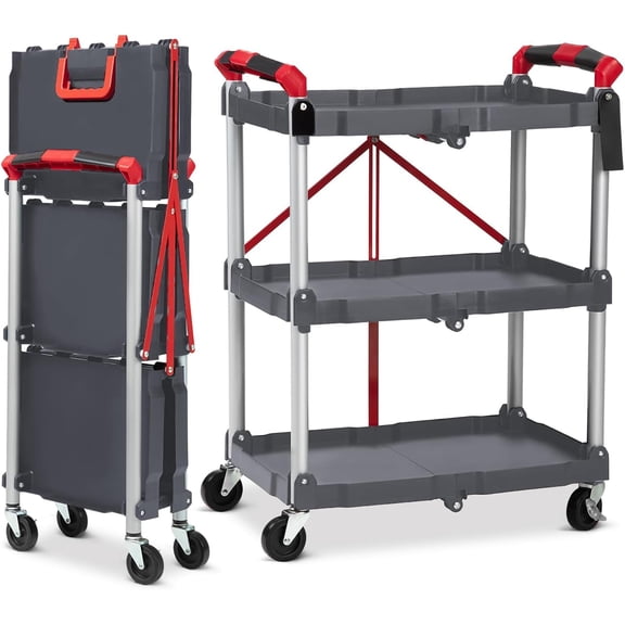Portable Folding Service Cart, 3 Tier Folding Utility Cart with 56 lbs Load Capacity per Shelf, Collapsible Utility Carts for Office, Warehouse & Home, Grey & Red