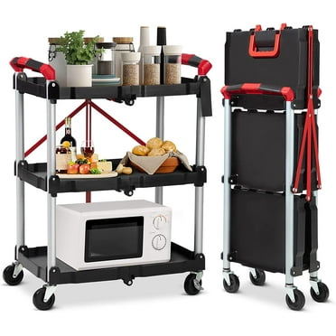 Portable Folding Service Cart, 3 Tier Folding Utility Cart, Collapsible Utility Carts for Office, Warehouse, and Home, 56 Lbs Load Capacity per Shelf (Black & Red)