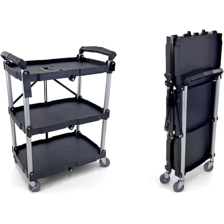 Portable Folding Service Cart | Heavy-Duty Utility Service Cart | 3 Tier 330LBS Capacity | Rolling Cart Utility Cart Foldable Cart | Black.
