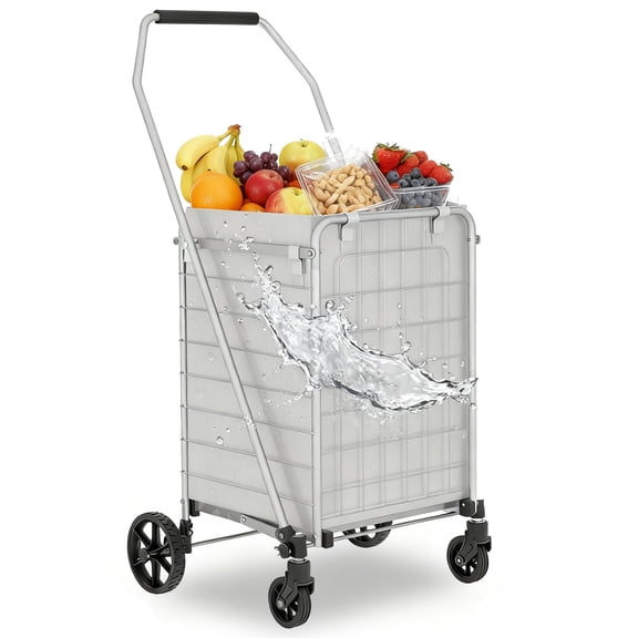 Portable Folding Shopping Cart with Reinforced Mesh Bottom and Waterproof Liner, Grocery Cart with Wheels Collapsible Utility Trolley for Groceries Laundry, Gray