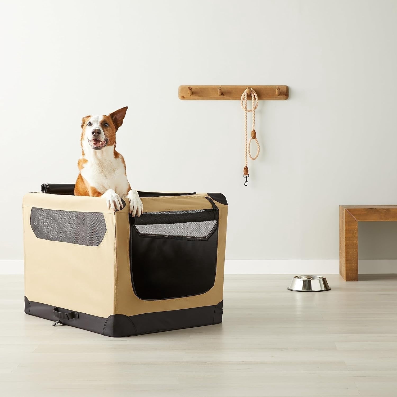 Portable Folding Soft Dog Crate for Cat, Dog, Rabbit, Double Door with Mesh Ventilation, Collapsible, Easy to Set Up, Large 36" x 24" x 24", Tan