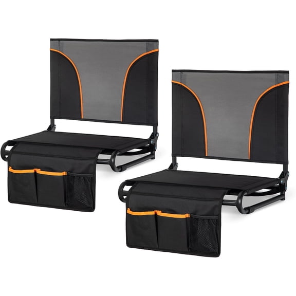 Portable Folding Stadium Seats Extra Wide 20.1" Chair for Bleachers Set of 2 with 2 Storage Pockets & Mesh Cup Holder, 600D Oxford Fabric Comfortable Padded Cushion Back Support Black