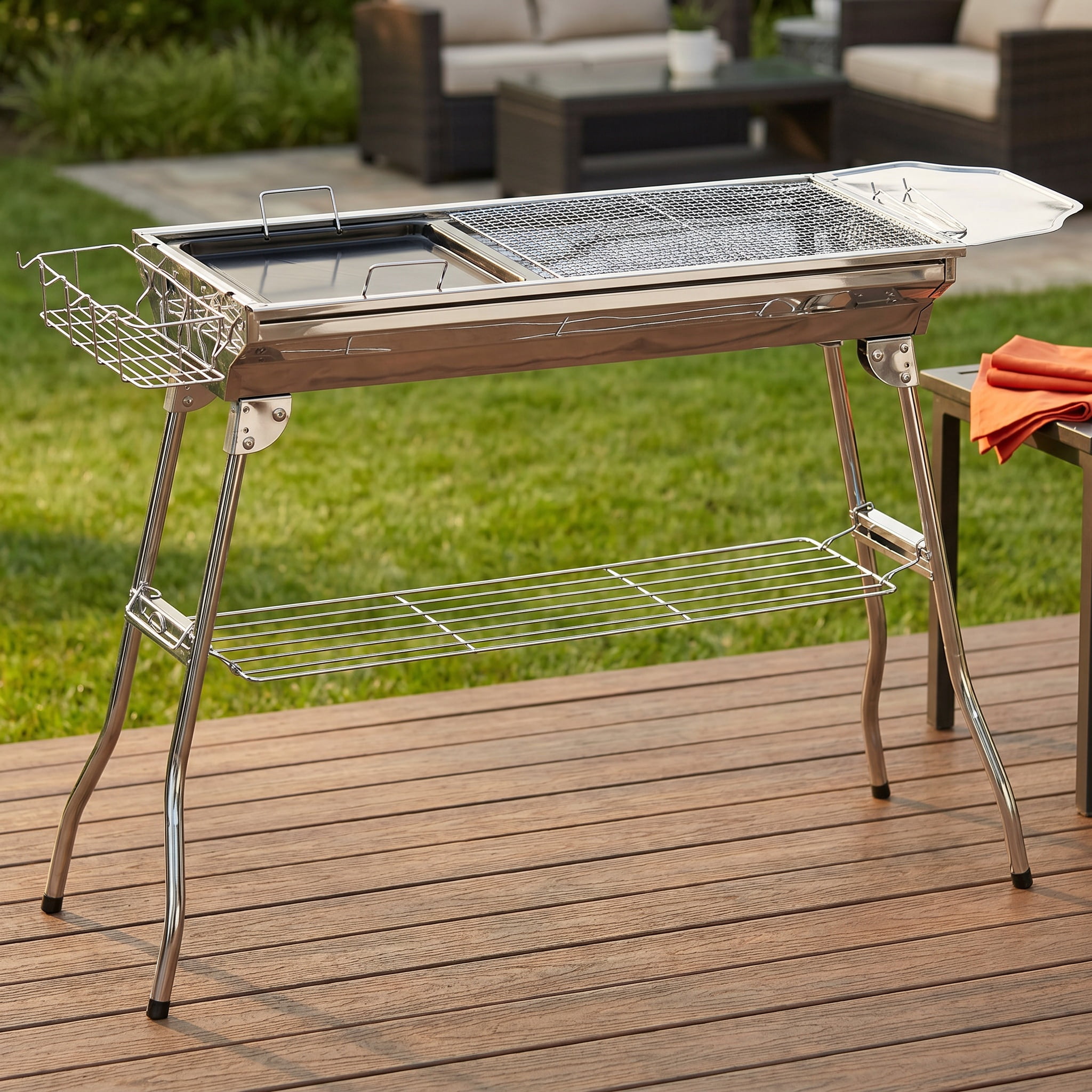 Portable Folding Stainless Steel Charcoal Grill Outdoor Hibachi BBQ Grill with Pan Grill Rack Shelves Hooks Tabletop Barbecue Grill for Camping Picnic Tailgating Backyard Cooking  41 x 13.5 x 27.3 in