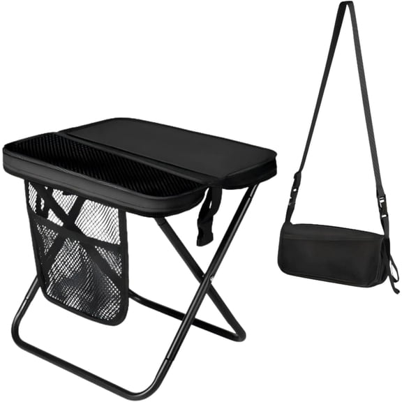 Portable Folding Stool – 16" Tall Collapsible Backpack Stool with Storage Pouch, Hands-Free Carry & Supports 300 lbs, Ultralight for Hiking, Fishing, Camping, Festivals (Black, Large)