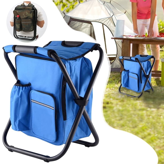 Portable Folding Stool Backpack with Storage Pockets, Multifunctional Outdoor Fishing Chair Cooler Bag, Lightweight Metal Frame Camping Seat Tool Pack, Multi Pocket Foldable Backpack Stool