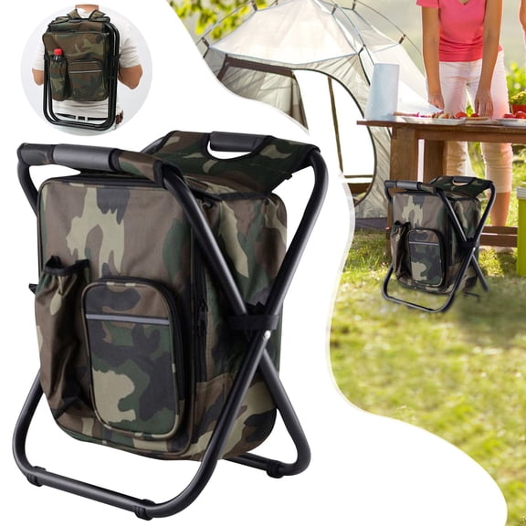 Portable Folding Stool Backpack with Storage Pockets, Multifunctional Outdoor Fishing Chair Cooler Bag, Lightweight Metal Frame Camping Seat Tool Pack, Multi Pocket Foldable Backpack Stool