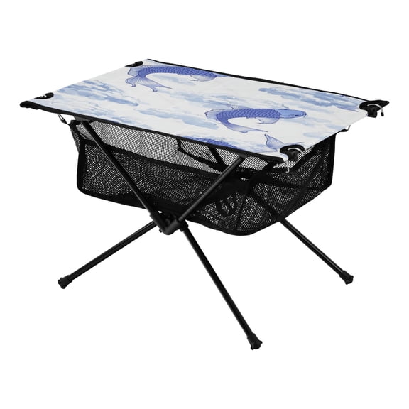 Portable Folding Table 23.6" Lightweight Oxford Fabric Camping Desk for Outdoor, Garden, Fishing Gear Blue Koi Fish