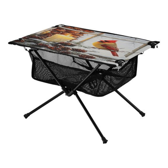 Portable Folding Table 23.6" Lightweight Oxford Fabric Camping Desk for Outdoor, Garden, Fishing Gear Candles and Red Cardinals