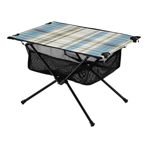 Portable Folding Table 23.6" Lightweight Oxford Fabric Camping Desk for Outdoor, Garden, Fishing Gear Light Blue and Brown Tartan