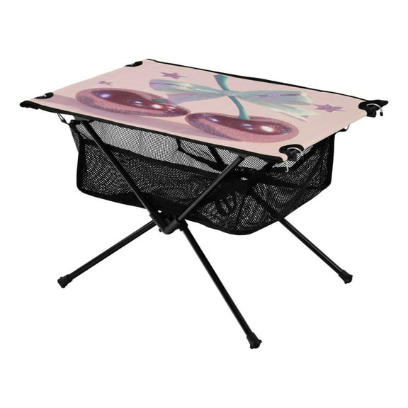 Portable Folding Table 23.6" Lightweight Oxford Fabric Camping Desk for Outdoor, Garden, Fishing Gear Pink Large Cherries