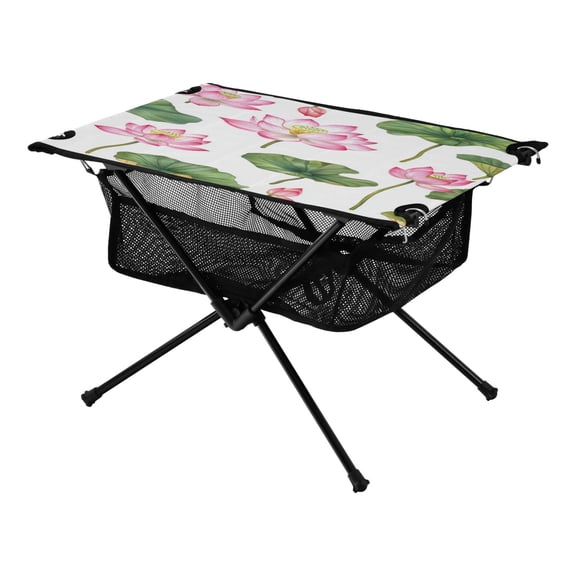 Portable Folding Table 23.6" Lightweight Oxford Fabric Camping Desk for Outdoor, Garden, Fishing Gear Pink Lotus Flowers