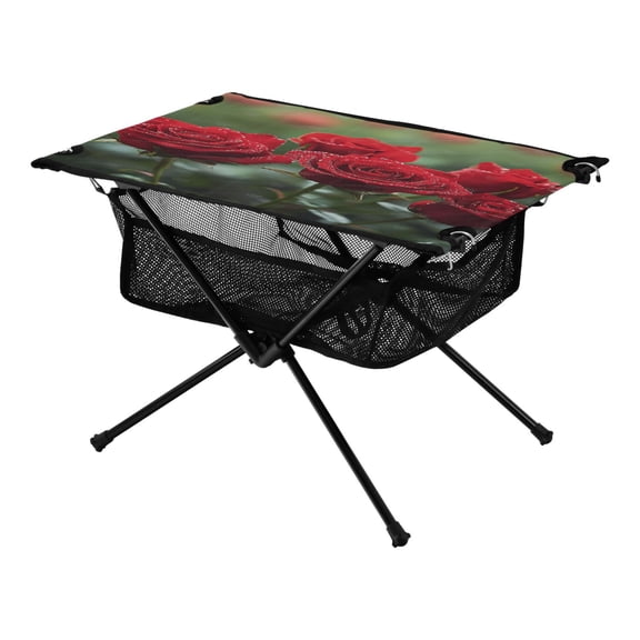 Portable Folding Table 23.6" Lightweight Oxford Fabric Camping Desk for Outdoor, Garden, Fishing Gear Red Roses with Water Droplets