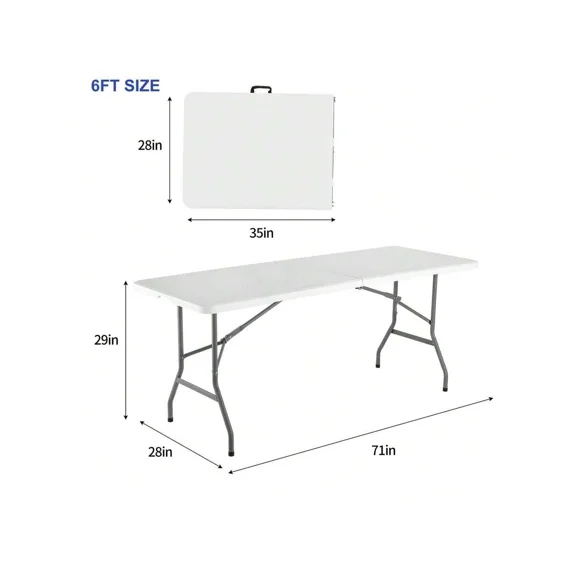 Portable Folding Table 4FT/6FT, Heavy Duty Fold-In-Half Table With Carry Handle, Lightweight Picnic & Camping Table For RV Travel, Tailgating, Outdoor Dining, BBQ, Parties, Indoor Use - White
