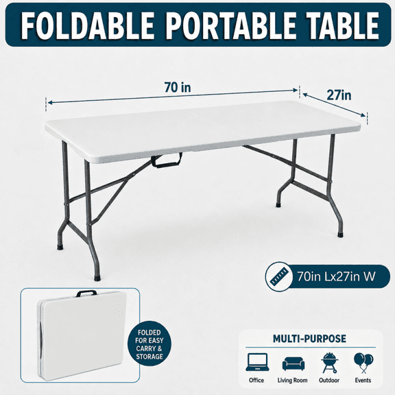Portable Folding Table, Fold-in-Half Utility Table with Carry Handle, Locking Legs and Rounded Corners for Indoor Outdoor Use