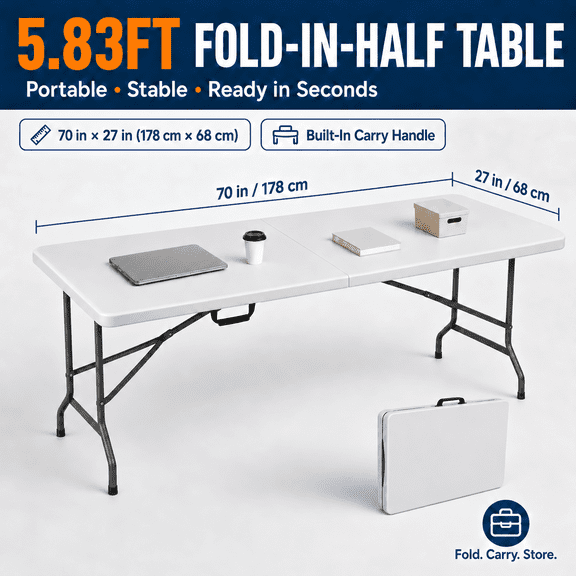 Portable Folding Table, Fold-in-Half Utility Table with Carry Handle, Locking Legs and Rounded Corners for Indoor Outdoor Use