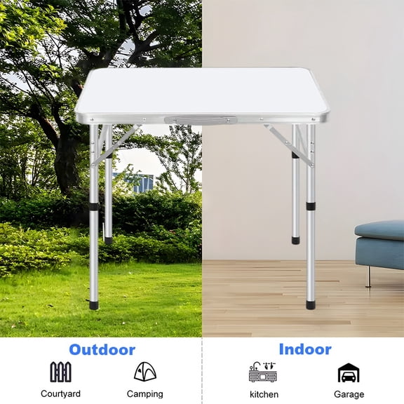 Portable Folding Table: Height-adjustable, foldable, multifunctional table featuring a carrying handle, locking legs, and rounded corners; suitable for indoor and outdoor use
