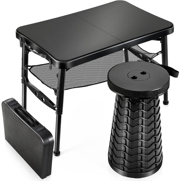 Portable Folding Table and Stool Set in Black Lightweight, Adjustable Height, Rectangular Plastic Design for Outdoor Picnic, Beach, Camping, or Laptop Use