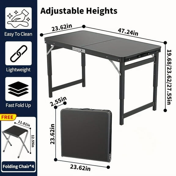 Portable Folding Table with 4 Stools - Adjustable Height & Fold-in-Half Design - Indoor/Outdoor Use"