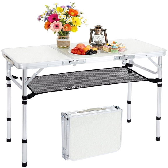 Portable Folding Table with Adjustable Mesh Storage Bag, 3 Level Height Adjustable Camping Picnic Table with Metal Frame & Handle, White