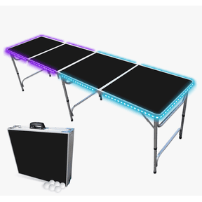 Portable Folding Table with PARTY PONG Graphic and LED Lights - Adjustable 8 ft or 4 ft Kids and Adult Party Table