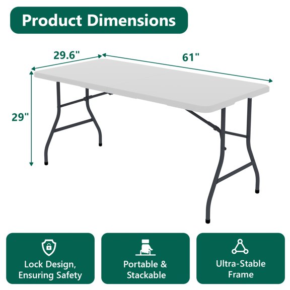 Portable Folding Table with Metal Frame and Easy-Clean Plastic Surface, Ideal for Camping, Outdoor Gatherings, Family Dining, and Group Events