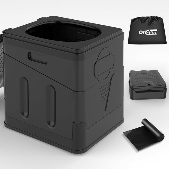 Portable Folding Toilet Pro - With Carry Bag & 12 Waste Bags - Ventilated Design Easy Clean For Camping Hiking Boating Road Trips Traffic Jams Festivals - Compact Emergency RV Commode Black
