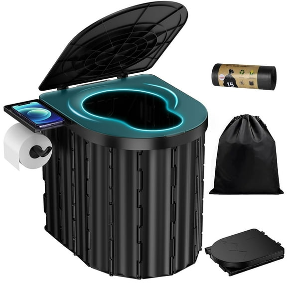 Portable Folding Toilet with Removable Paper Holder for Camping,Includes Waste Bag and Waterproof Storage Bag, 14"D x 12"W x 15"H, Bear up to 450-500Lbs
