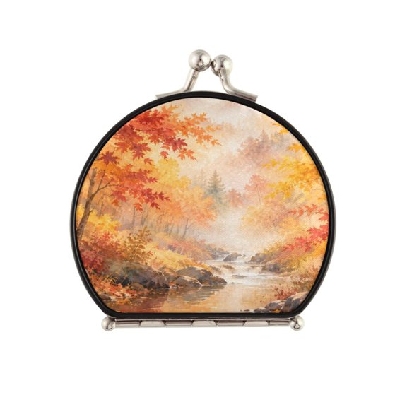 Portable Folding Travel Mirror with 2-Sided 1x/2x Magnifying for Women Purses Pocket Autumn Forest Stream Landscape
