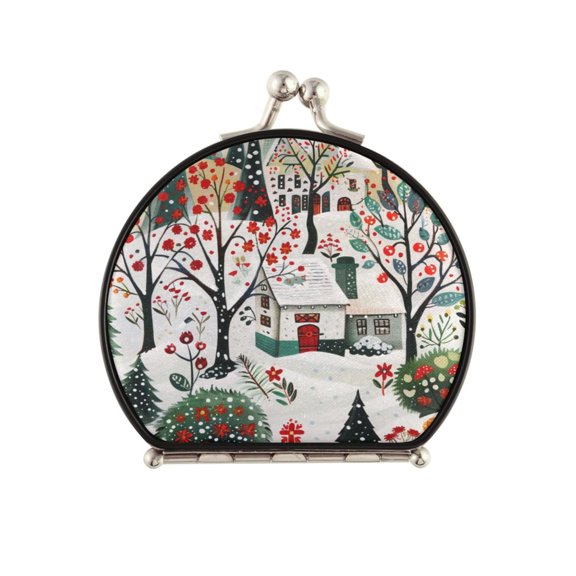 Portable Folding Travel Mirror with 2-Sided 1x/2x Magnifying for Women Purses Pocket Snowy Forest Pattern