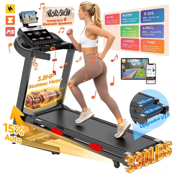 Portable Folding Treadmill with Adjustable Incline,3.8HP Brushless Motor Running Machine Treadmill for Home 0.6-9MPH Speed Range,300 lb Capacity,105 Programs