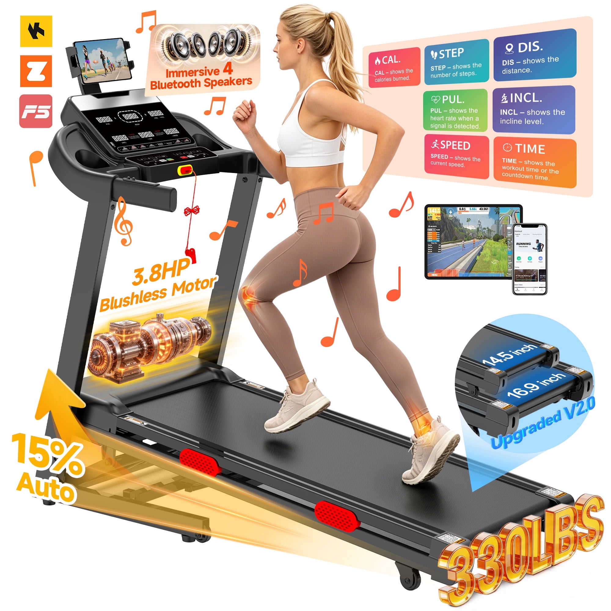 Portable Folding Treadmill with Adjustable Incline,3.8HP Brushless Motor Running Machine Treadmill for Home 0.6-9MPH Speed Range,300 lb Capacity,105 Programs
