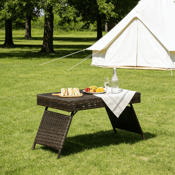 Portable Folding Wicker Table, 7 lbs Lightweight Side Table with Steel Frame, Weather-Resistant Rattan Patio Table for Outdoor, Deck, Balcony, Brown