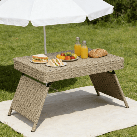 Portable Folding Wicker Table, 7 lbs Lightweight Side Table with Steel Frame, Weather-Resistant Rattan Patio Table for Outdoor, Deck, Balcony, Brown