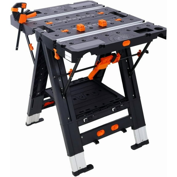 Portable Folding Work Table, 2-in-1 Sawhorse & Workbench for Garage, Lawn or Garden, Large Load Capacity with 2pcs Clamps, Height Adjustable from 28.4" to 31.8"