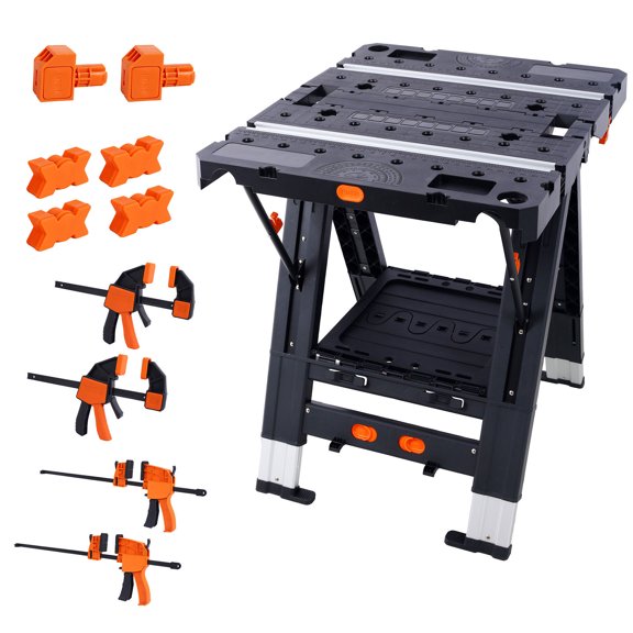 Portable Folding Work Table in Black with 500 lbs Load Capacity and 4 Clamps for Versatile Job Support
