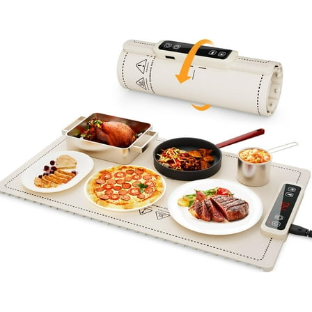 Portable Food Warming Mat for Food: Electric Real-Time Temp Display Food Warmers for Parties, Buffets, Gatherings, 5 Temp Levels, Timer, Auto Shut-Off (Champagne Beige)