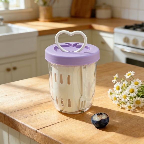 Portable Fruit Cup with Fork, Double Layered Draining Cup for Picnic, Leakproof Snack Container with Heart Handle, Reusable Salad Cup, Plastic Cup