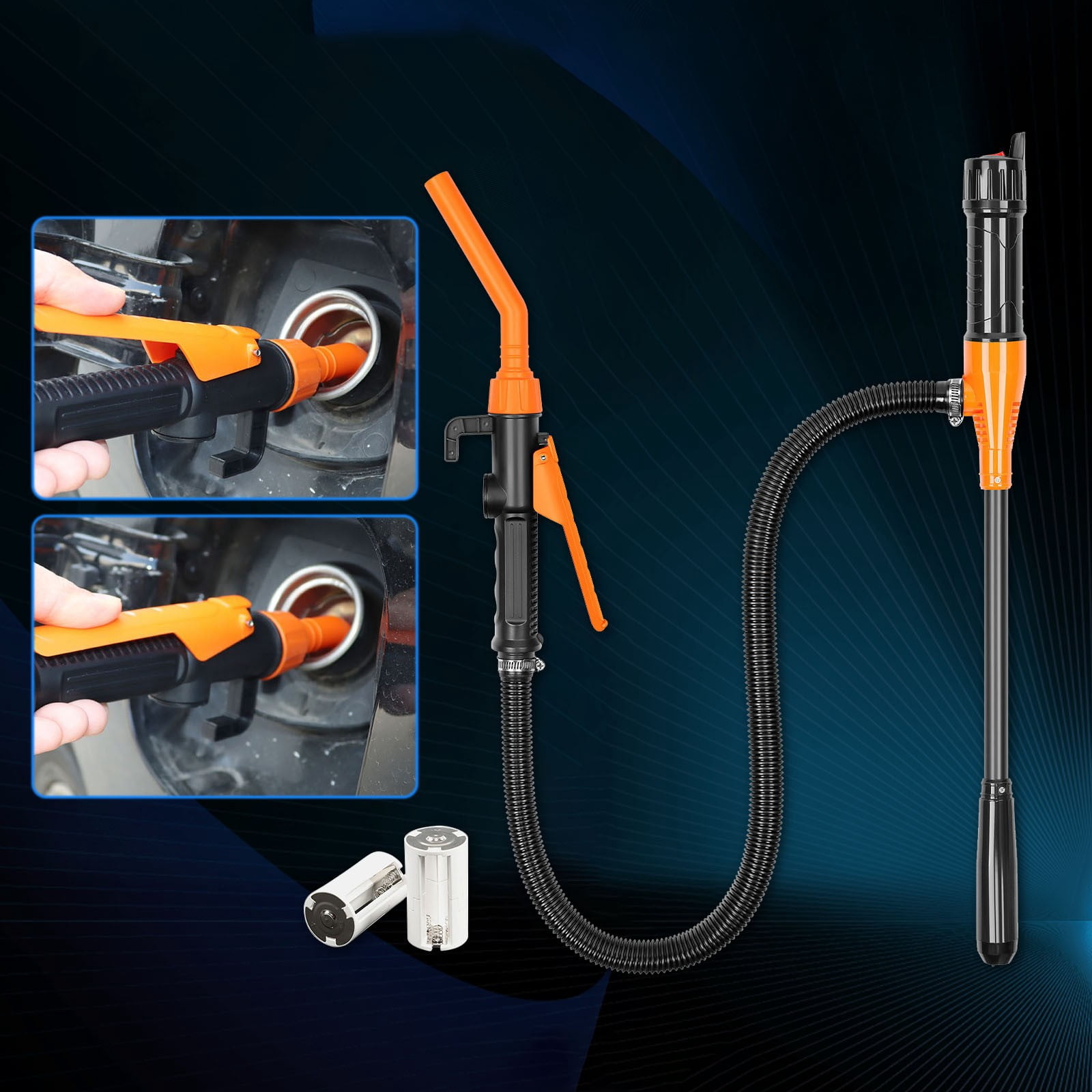 Portable Power Battery Pump, Portable Battery Pump for Gas, Portable Transfer Pump Battery Operated, with Controlled Flow and Stop Nozzle, Extra Long Hose for Gasoline, Diesel, Kerosene (Orange)