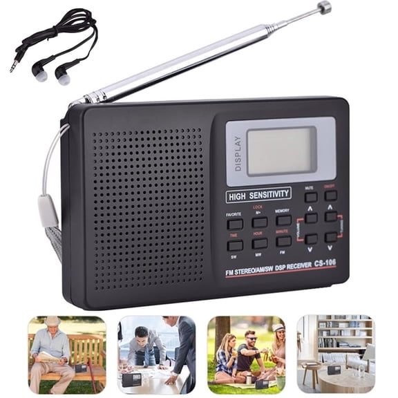 Portable Full Band Radio AM FM SW MW LW TV Receiver with Stereo Headphone Jack Alarm Clock, Digital Tuning LCD Display, USB or AA Battery Powered Shortwave Pocket Radio