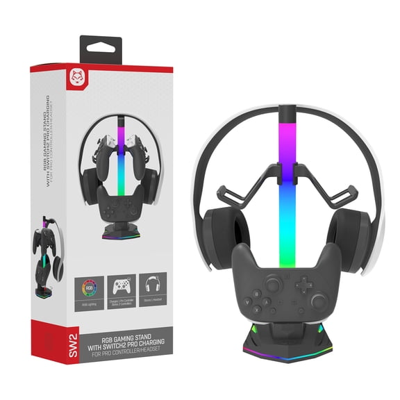 Portable Gamepad Charging Station with Dock, Headphone Holder & LED Light Desktop Stand
