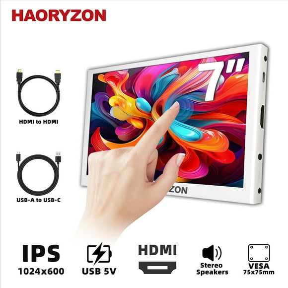 Portable Gaming Monitor 7 inch HDMI 1024x600 IPS Touch LCD Auxiliary Screen External Display Car Display Dual Stereo Speaker for Raspberry Pi Laptop PC White Housing
