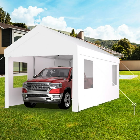 Portable Garage, 12' x 20' Carport Car Tent Car Canopy with 2 Roll-up Doors and 4 Ventilated Windows, Heavy Duty Car Port UV Resistant Anti-Snow Outdoor Shed Garage for Pickup Truck Boat, White