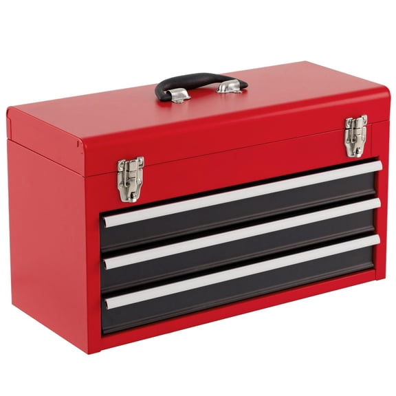 Portable Garage Tool Cabinet, 3 Drawer Mechanic Tool Box with Automatic Lock System, Steel Tool Organizer with Top Tray for Workshop Black & Red