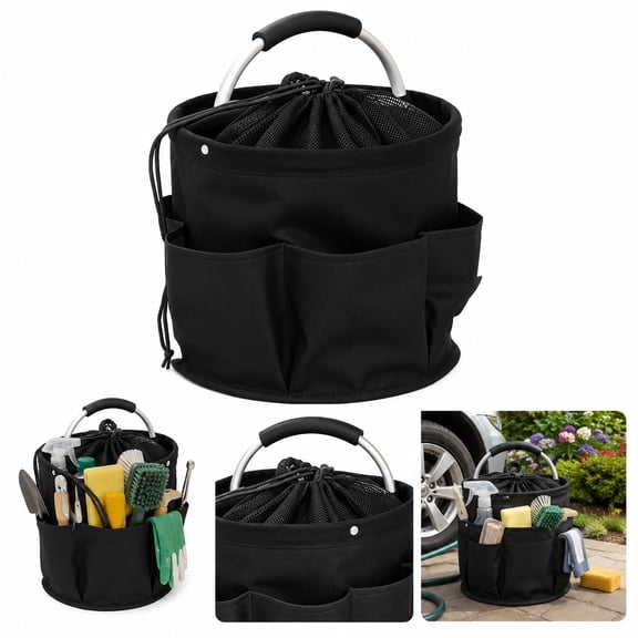 Portable Garden Tool Caddy, Black 11.02 in Collapsible Bucket Organizer with Mesh Drawstring Insert, Multi-Pocket Storage Bag with Carry Handle