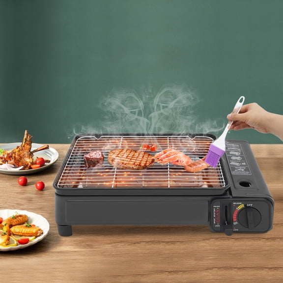 Portable Gas BBQ Grill 2.2KW, Camping Stove with Carrying Case, Butane Grill for Outdoor Cooking, Overpressure Protection & Safety Lock, Lightweight 6.4lbs with 2 Grates & 6 Skewers  Black