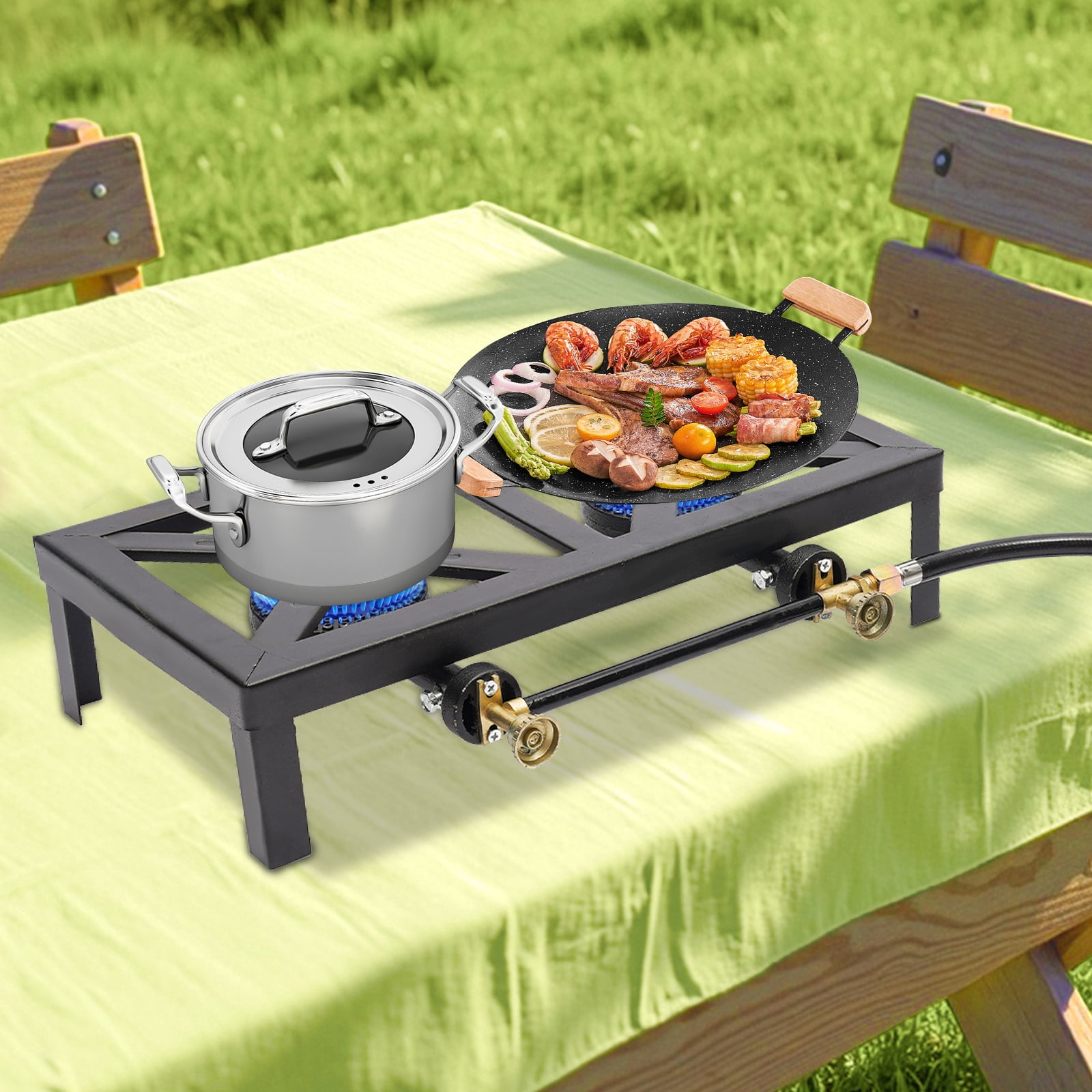 Portable Gas Camping Stove – Dual Burner, 8000W Power, Sturdy Cast Iron, Easy To Use & Clean, Ideal for Outdoor Cooking, Picnics, BBQs, and Camping Adventures
