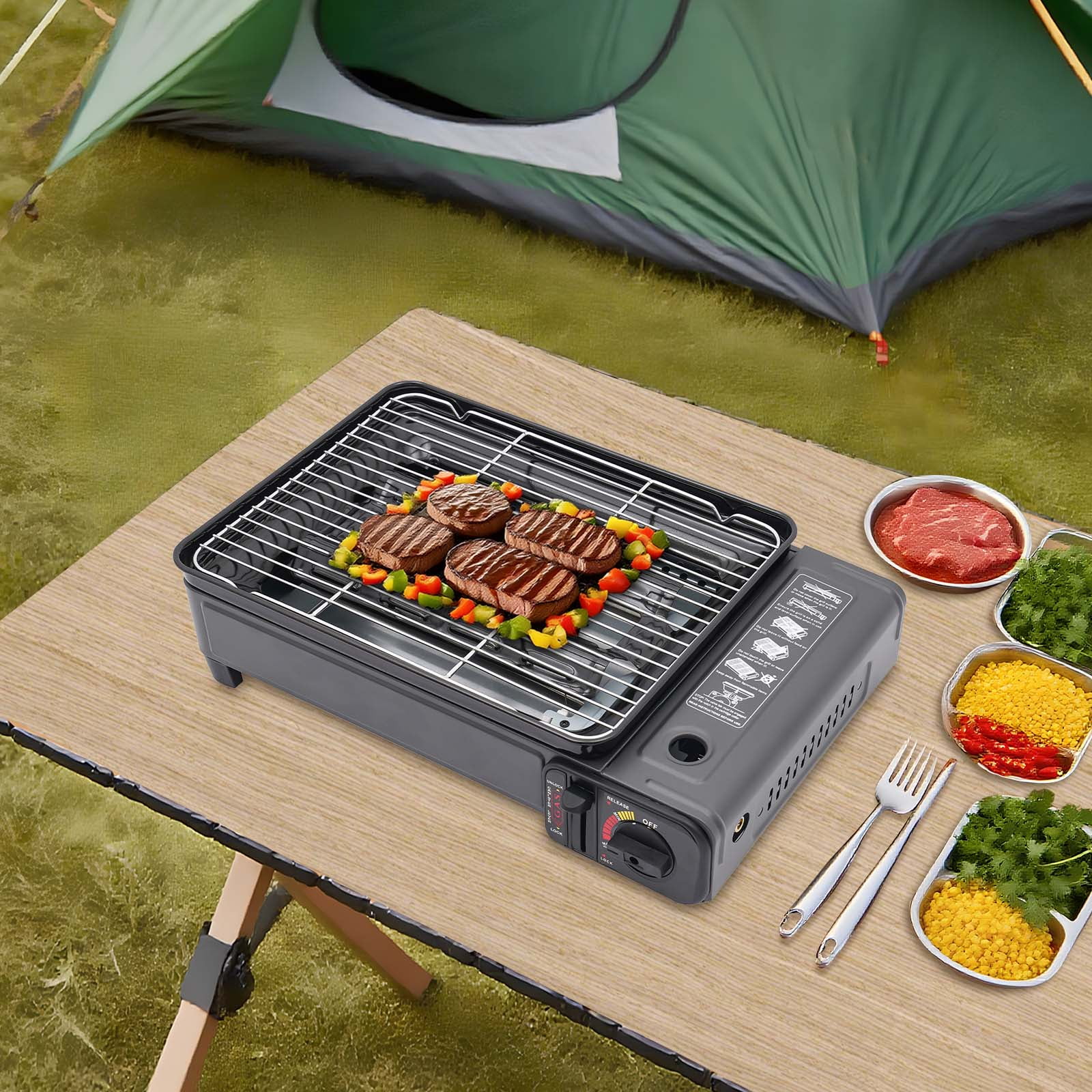 Portable Gas Grill Stove for Outdoor BBQ, Camping, and Trekking - Adjustable Flame, Windproof Design, Includes Complete Grilling Kit & Storage Case