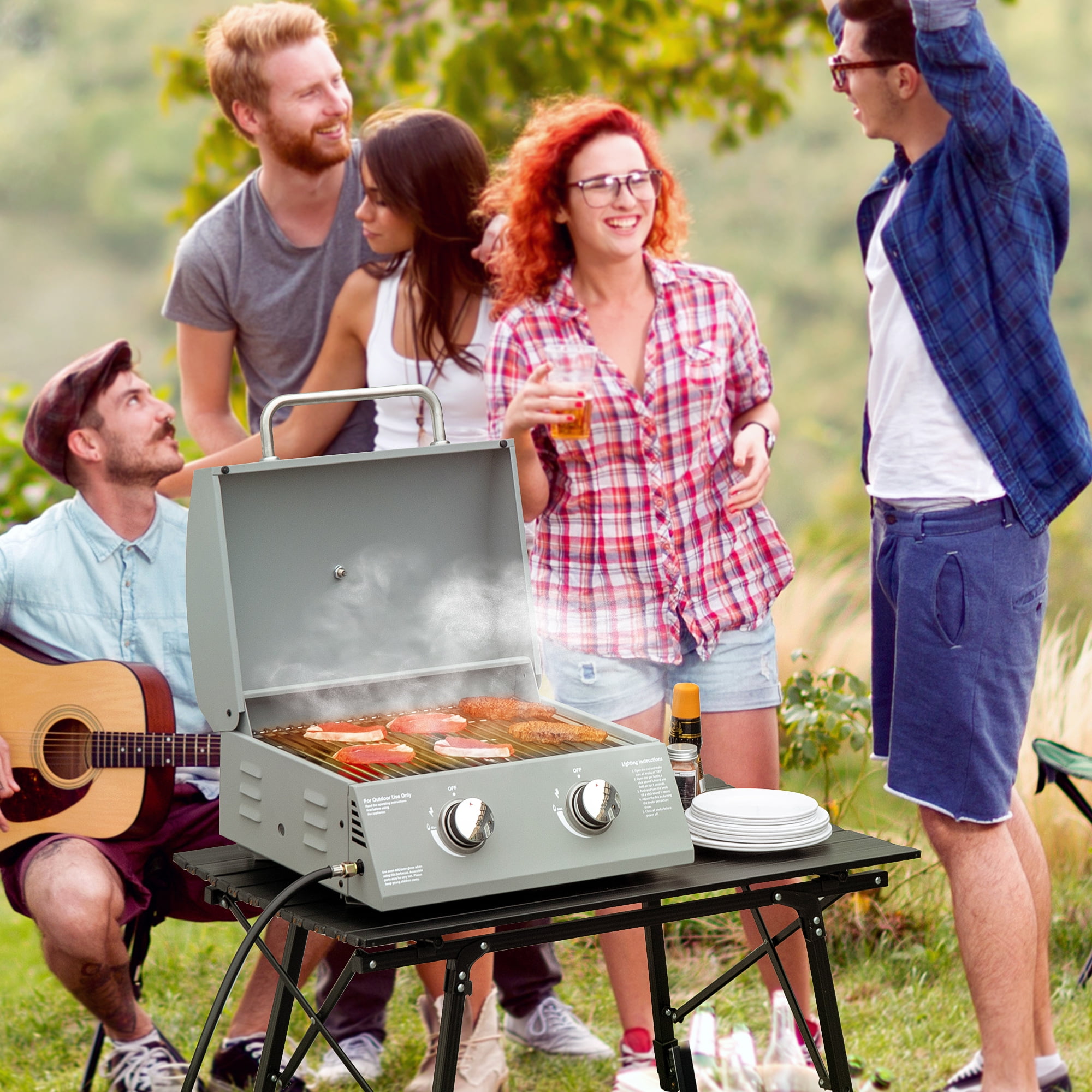 Portable Gas Grill with Piezo Ignition & Foldable Legs, Light Grey Compact Grill with Thermometer for Outdoor Camping Picnics