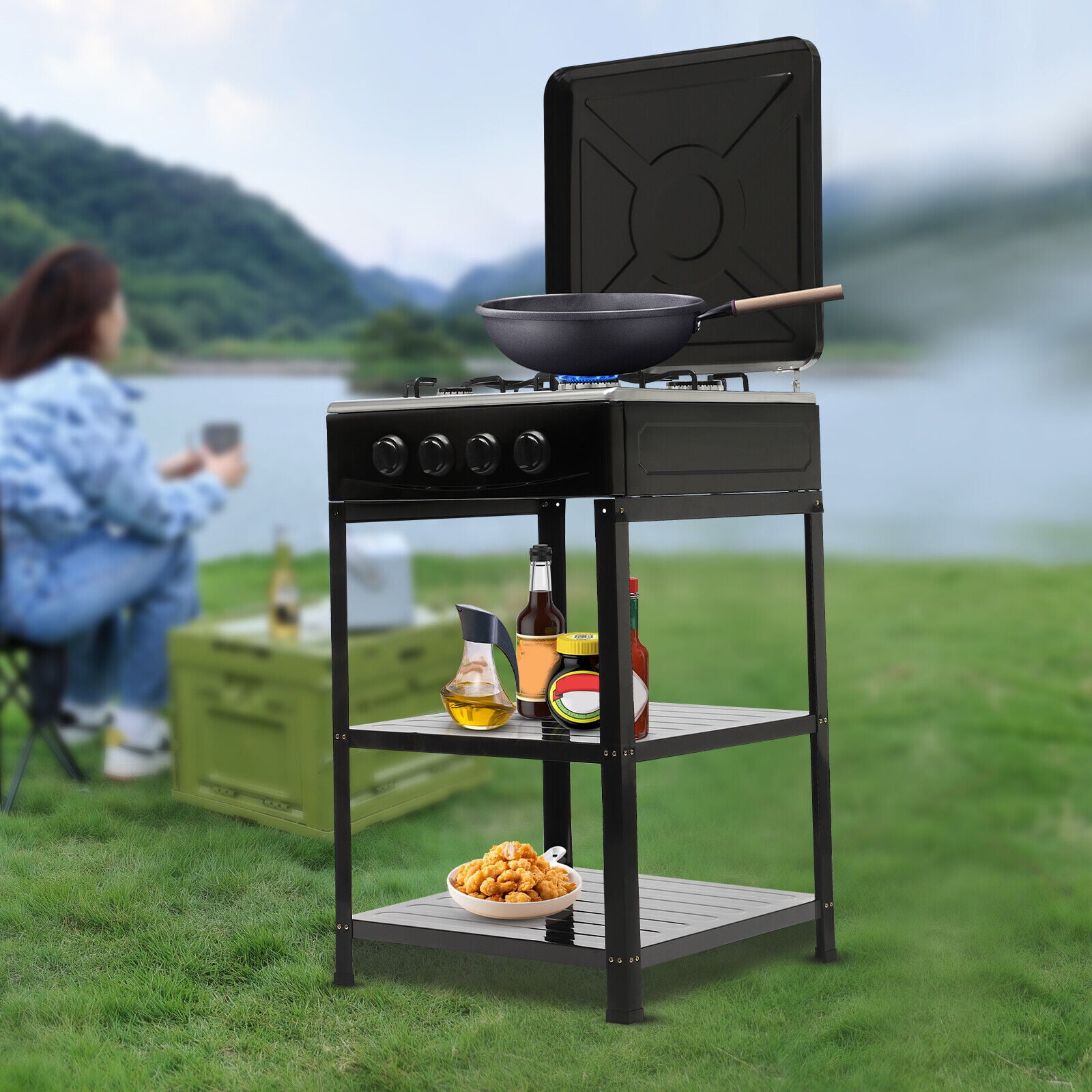 Portable Gas Stove 4-burner \u0026 Support Leg Stand \u0026wind Blocking Cover BBQ Outdoor