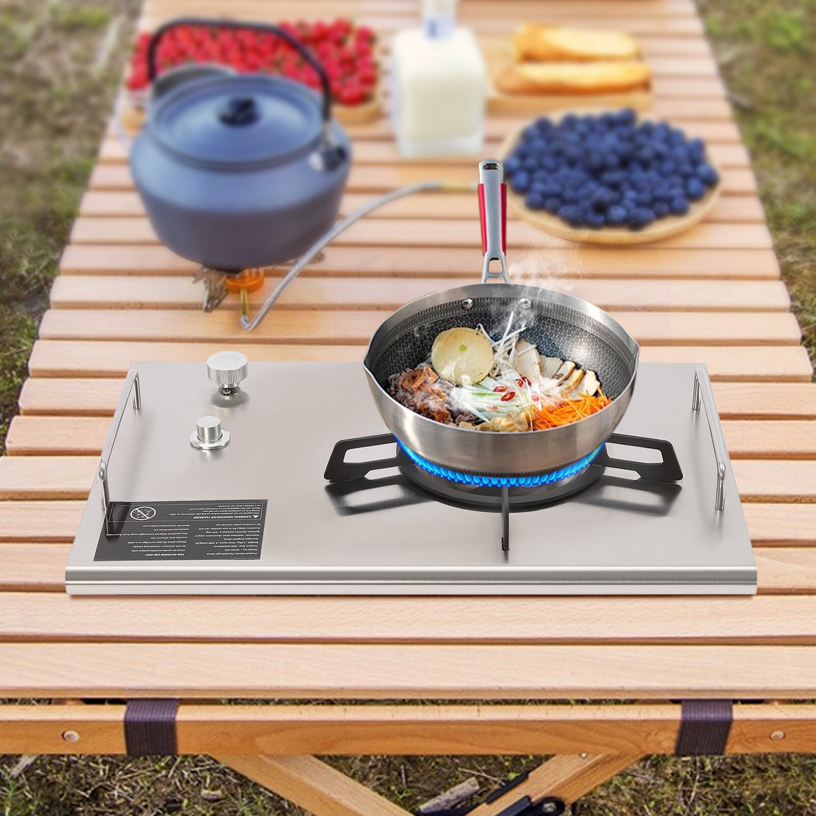 Portable Gas Stove Electronic Ignition Camping Cooking Stove with Adjustable Burners & Handle, Folding Design, for Outdoor Hiking Picnic Kitchen Emergency Stove (Silver)